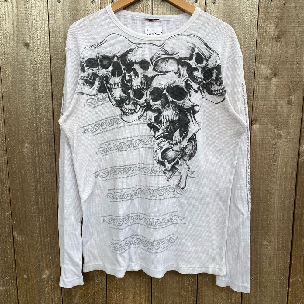 Vintage 2000s MMA Elite Skull Pile Thermal Long Sleeve Shirt Y2K essential